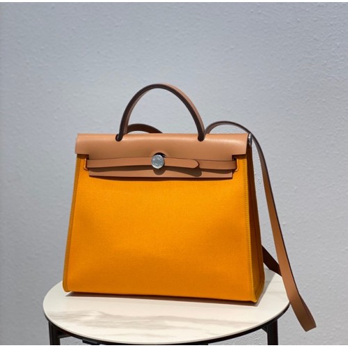 Hermes Herbag 31CM originale tela pelle di vitello 48887 giallo e marrone