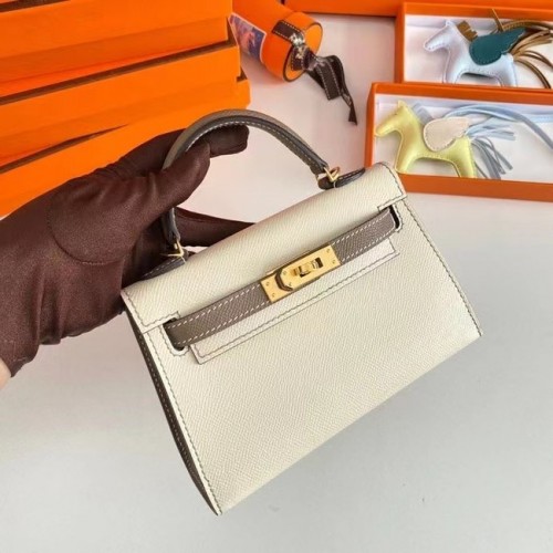 Hermes Kelly 19cm Borse a spalla Epsom Leather KL19 Oro hardware Cream&gray