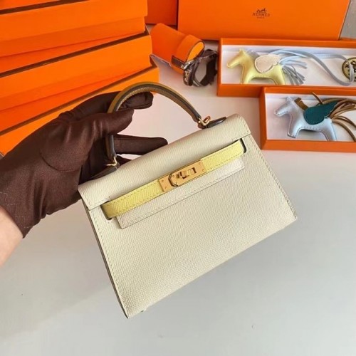 Hermes Kelly 19cm Borse a spalla Epsom Leather KL19 Oro hardware Crema e giallo