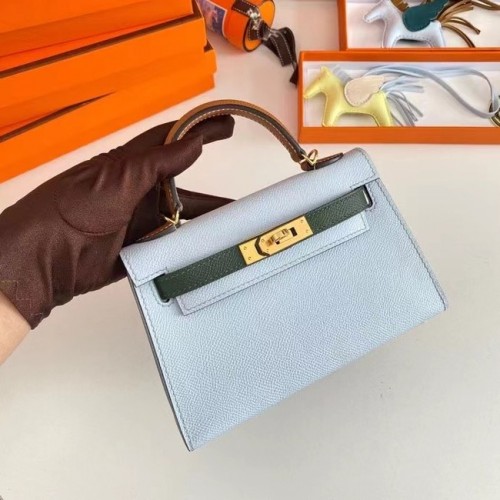 Hermes Kelly 19cm Borse a spalla Epsom Leather KL19 Hardware oro azzurro e verde