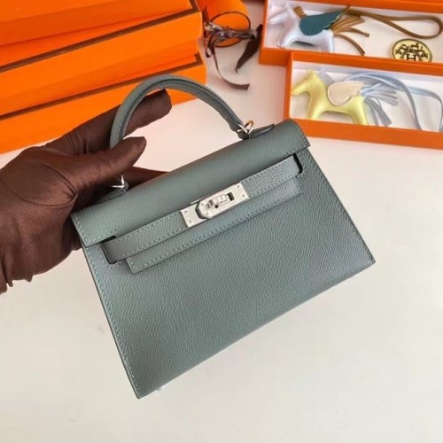 Hermes Kelly 19cm Borse a tracolla Epsom Leather KL19 Hardware argento verde mandorla