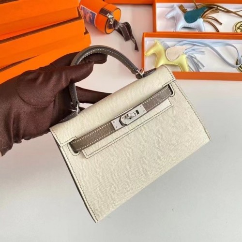 Hermes Kelly 19cm Borse a tracolla Epsom Leather KL19 Hardware argento crema e grigio