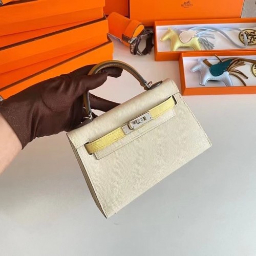 Hermes Kelly 19cm Borse a spalla Epsom Leather KL19 Hardware argento crema e giallo