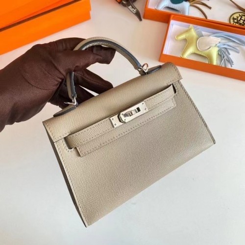 Hermes Kelly 19cm Borse a spalla Epsom Leather KL19 Hardware argento Pearl grey