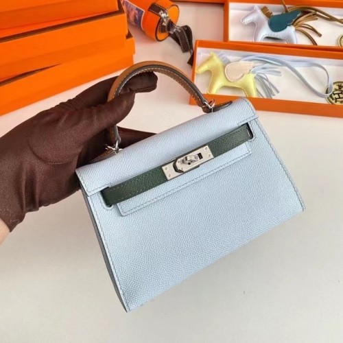 Hermes Kelly 19cm Borse a spalla Epsom Leather KL19 Hardware argento azzurro e verde