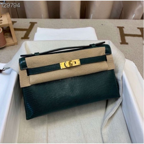 Hermes Kelly 22CM Tote Bag originale in pelle di lucertola KL22 verde scuro