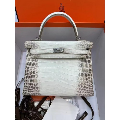 Hermes Kelly 25CM originale borsa in pelle di coccodrillo del Nilo sudafricano KL25 bianco e grigio