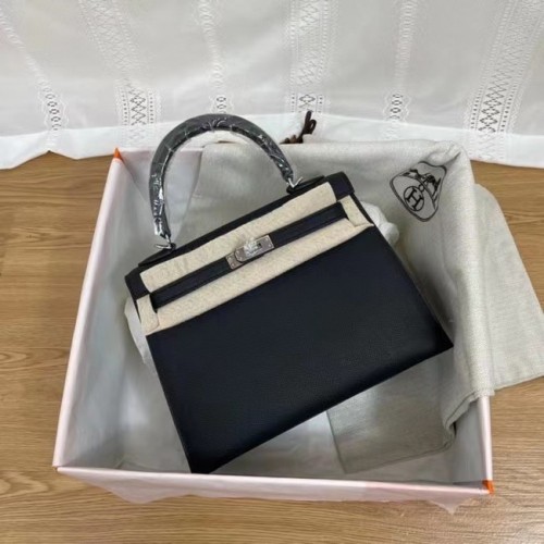 Hermes Kelly 25 centimetri borse a tracolla Epsom KL2755 nero e metallo tono argento