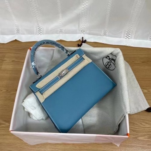 Hermes Kelly 25 centimetri borse a tracolla Epsom KL2755 blu e metallo tono argento