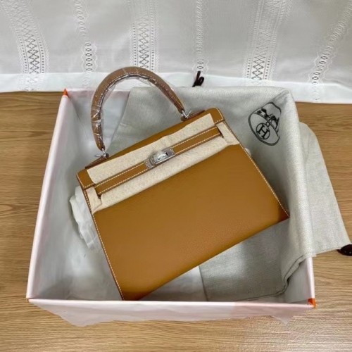 Hermes Kelly 25 centimetri borse a tracolla Epsom KL2755 marrone e metallo tono argento