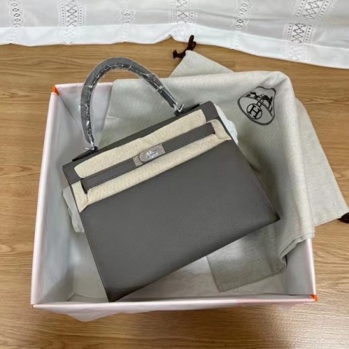 Hermes Kelly 25cm Borse a spalla Epsom KL2755 grigio scuro e metallo tono argento