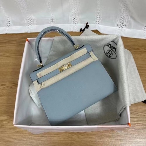 Hermes Kelly 25 centimetri borse a tracolla Epsom KL2755 luce blu e metallo tono oro