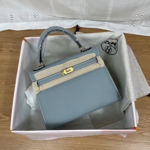 Hermes Kelly 25 centimetri borse a tracolla Epsom KL2755 cielo blu e metallo tono oro