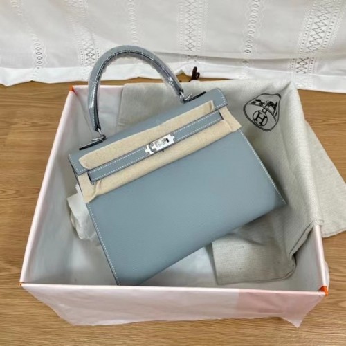Hermes Kelly 25 centimetri borse a tracolla Epsom KL2755 cielo blu e metallo tono argento