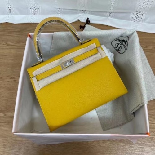 Hermes Kelly 25 centimetri borse a tracolla Epsom KL2755 giallo e metallo tono argento