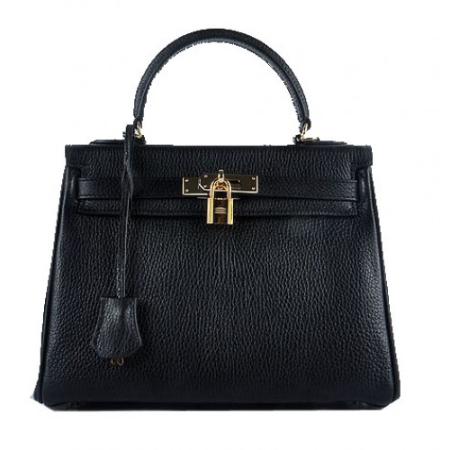 Hermes Kelly 28 centimetri borse a tracolla in pelle nera granulosa oro