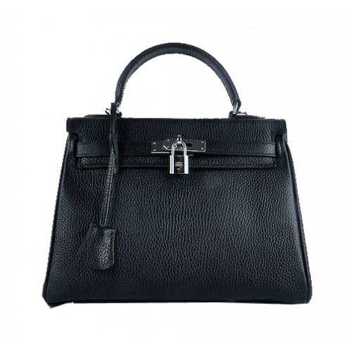 Hermes Kelly 28 centimetri borse a tracolla in pelle nera granulosa argento
