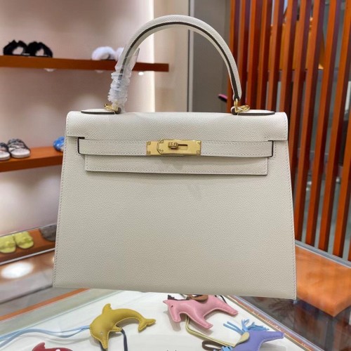Hermes Kelly 28cm Borse a tracolla Epsom Leather KL28 hardware oro bianco crema