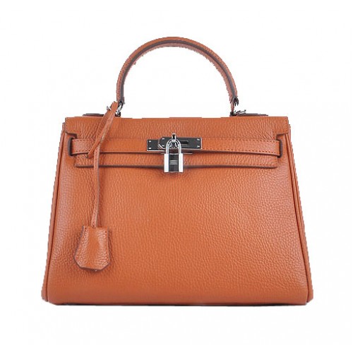 Hermes Kelly 28 centimetri borse a tracolla arancione in pelle granulosa argento