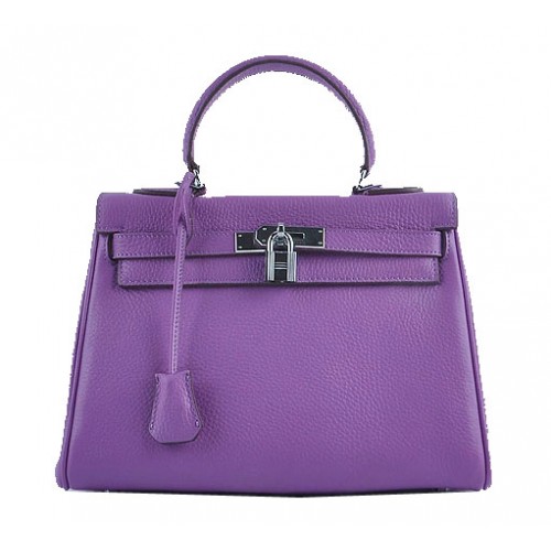 Hermes Kelly 28 centimetri borse a tracolla viola in pelle granulosa argento