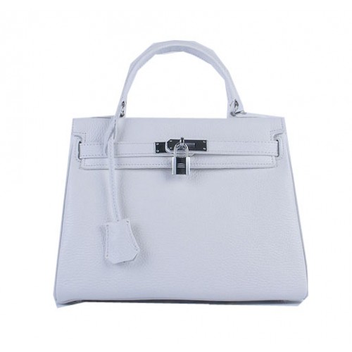 Hermes Kelly 28 centimetri borse a tracolla in pelle bianca granulosa argento