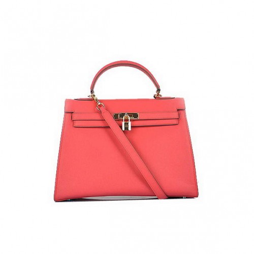 Moda Hermes Kelly 32 centimetri borse in pelle di vitello rosso chiaro oro