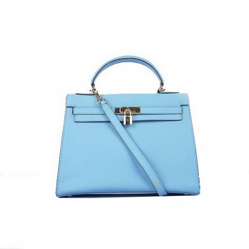Top Quality Hermes Kelly 32 centimetri borse in pelle di vitello blu cielo oro