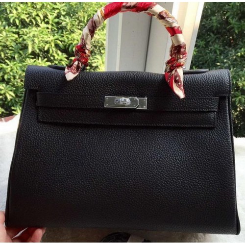 Hermes Kelly 32 centimetri borsa a tracolla in pelle di vitello nera K32CL argento