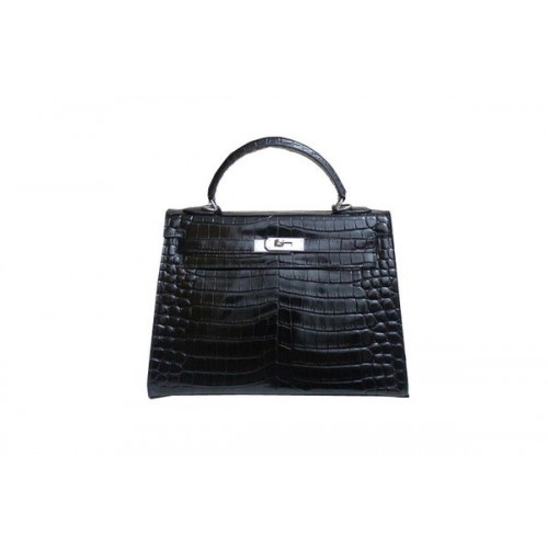 Hermes Kelly 32cm borsa a tracolla in pelle verniciata croco nera K32 argento