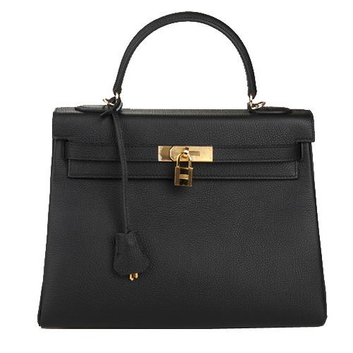 Borsa a tracolla Hermes Kelly 32cm in pelle nera originale K32 oro