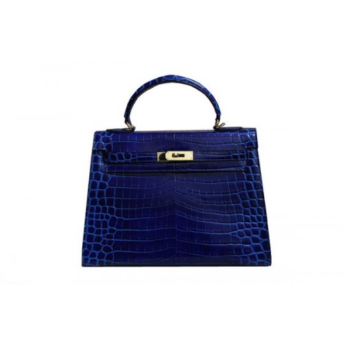 Hermes Kelly 32 centimetri borsa a tracolla in pelle verniciata coccodrillo blu K32 argento