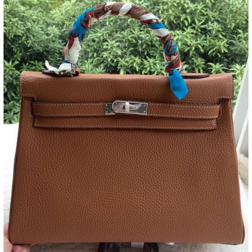 Hermes Kelly 32 centimetri borsa a tracolla in pelle di vitello marrone K32CL argento