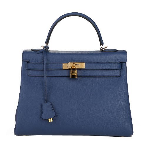 Borsa a tracolla Hermes Kelly 32cm in pelle blu scuro originale K32 oro