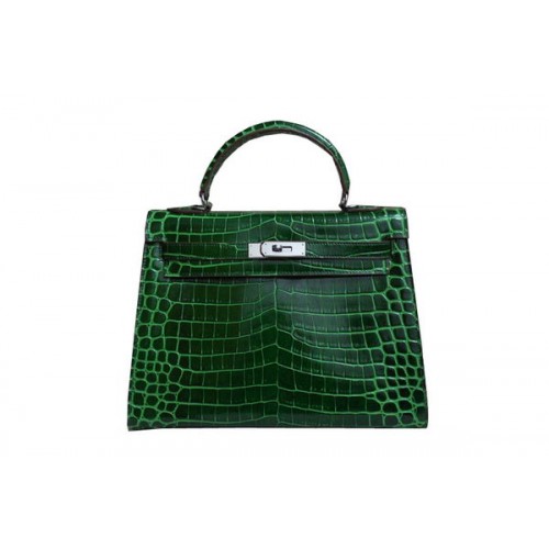 Hermes Kelly 32cm borsa a tracolla in pelle verniciata cocco verde K32 argento