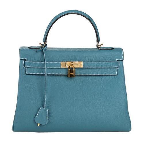 Borsa a tracolla Hermes Kelly 32cm Light Blue Original Leather K32 Gold