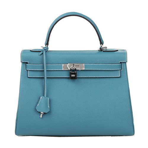 Borsa a tracolla Hermes Kelly 32cm Light Blue Original Leather K32 Silver