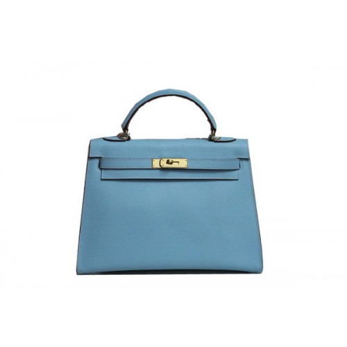 Hermes Kelly 32 centimetri borsa a tracolla in pelle Saffiano blu chiaro K32 oro