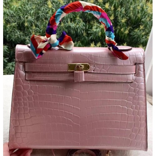 Hermes Kelly 32 centimetri borsa a tracolla in pelle di coccodrillo rosa K32CL oro