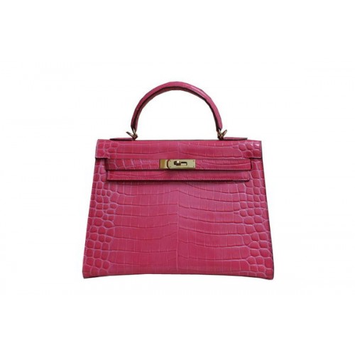Hermes Kelly 32 centimetri borsa a tracolla in pelle verniciata Croco rosa K32 oro