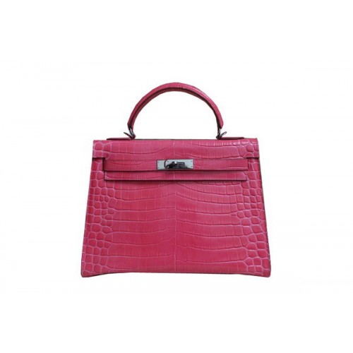 Hermes Kelly 32 centimetri borsa a tracolla in pelle verniciata Croco rosa K32 argento