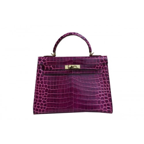 Hermes Kelly 32 centimetri borsa a tracolla in pelle verniciata croco viola K32 oro