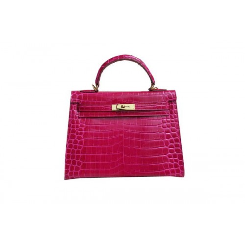 Borsa a tracolla Hermes Kelly 32cm Rose Croco Patent Leather K32 Gold