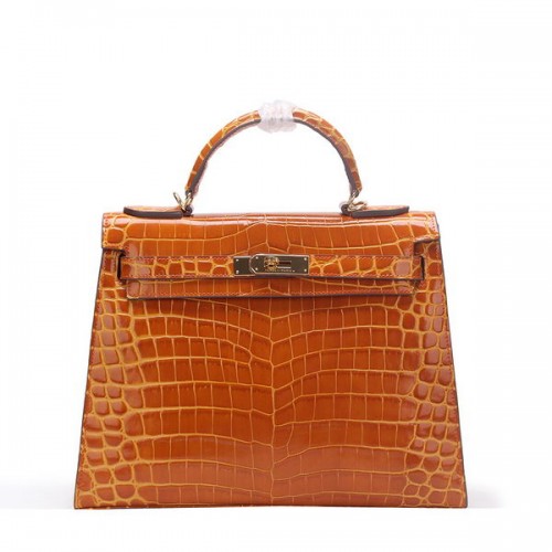 Borsa a tracolla Hermes Kelly 32cm Grano Croco Patent Leather K32 Gold