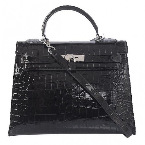 Hermes Kelly 32 centimetri borse a tracolla in pelle di coccodrillo nero iridescente argento