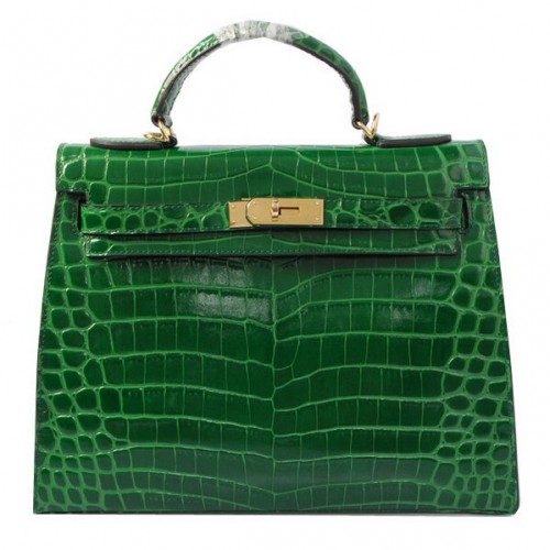 Hermes Kelly 32 centimetri borse a tracolla in pelle di cocco verde iridescente oro