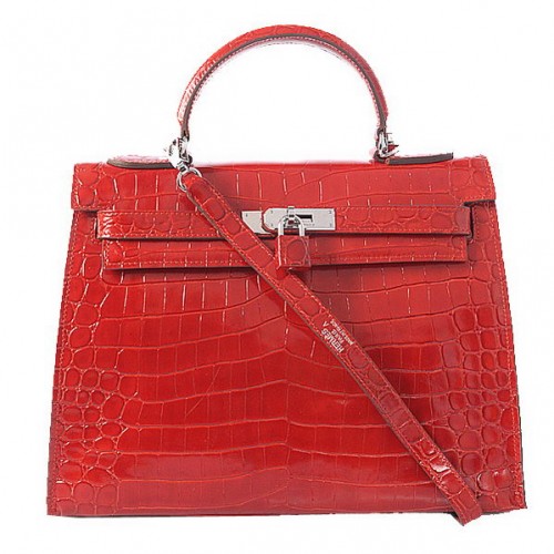 Hermes Kelly 32 centimetri borse a tracolla in pelle di cocco rosso iridescente argento