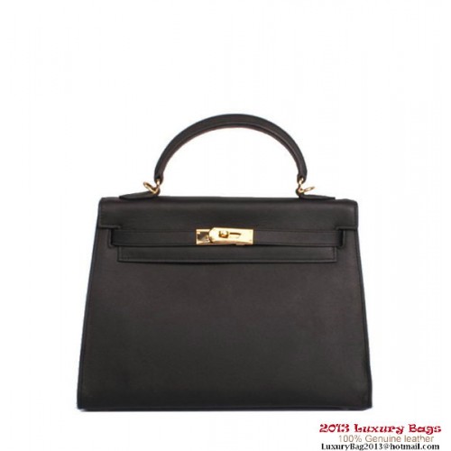 Hermes Kelly 32cm Top Handle Bag Togo in pelle nera oro