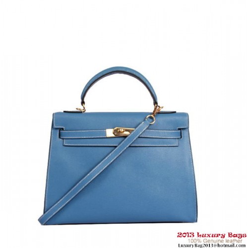 Hermes Kelly 32cm maniglia superiore borsa blu pelle Togo oro
