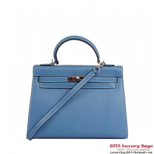 Hermes Kelly 32cm borsa con manico superiore blu pelle Togo argento