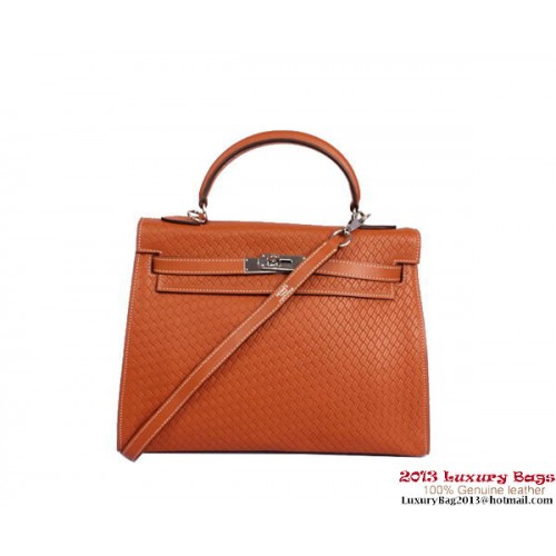 Hermes Kelly 32cm borsa con manico superiore pelle intrecciata cammello argento